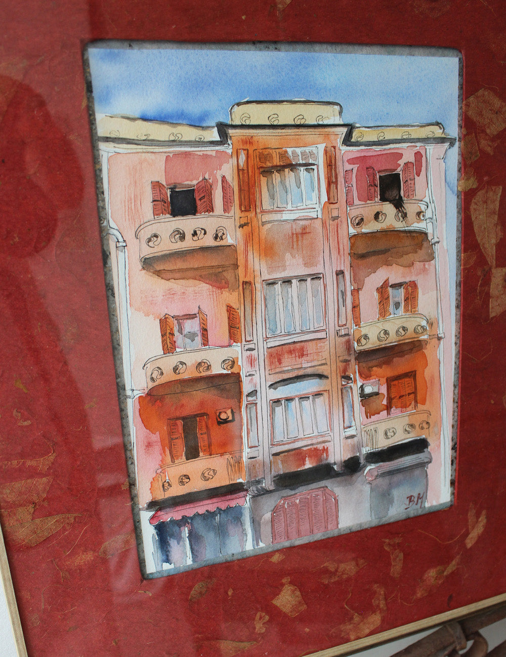 Original Watercolor "Habibe" the pink building in Beirut 22X30