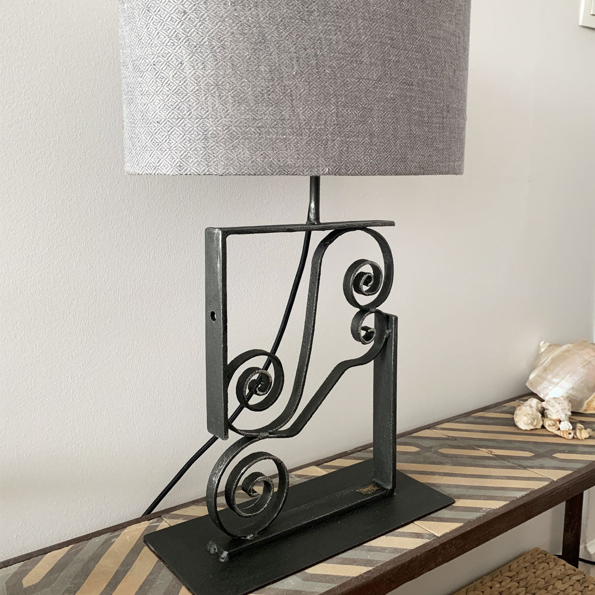 Geometric Black Iron Lamp with Chevron Silk Shade