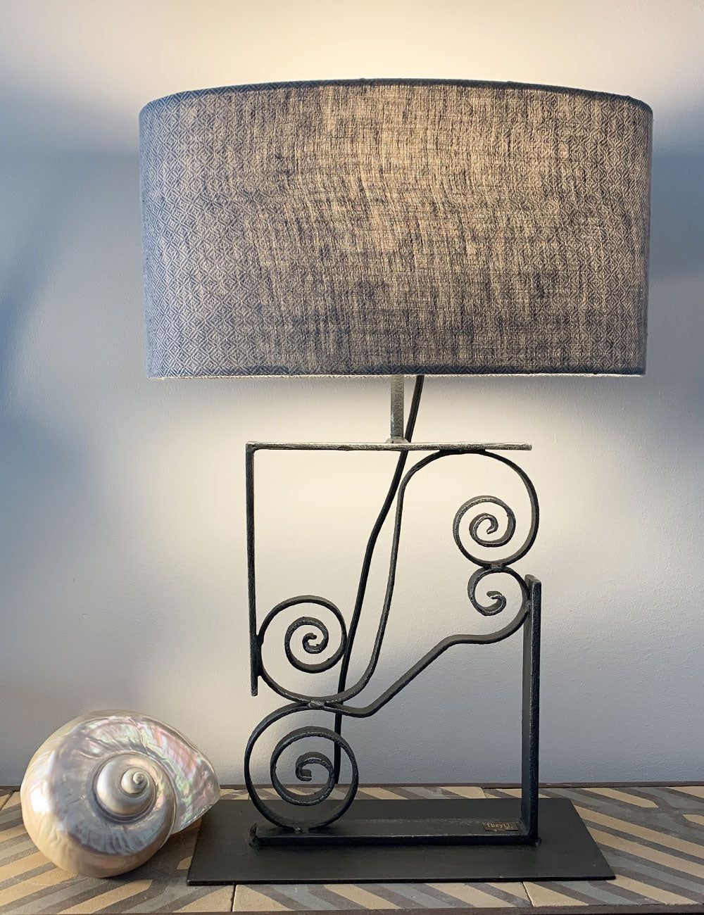 Geometric Black Iron Lamp with Chevron Silk Shade