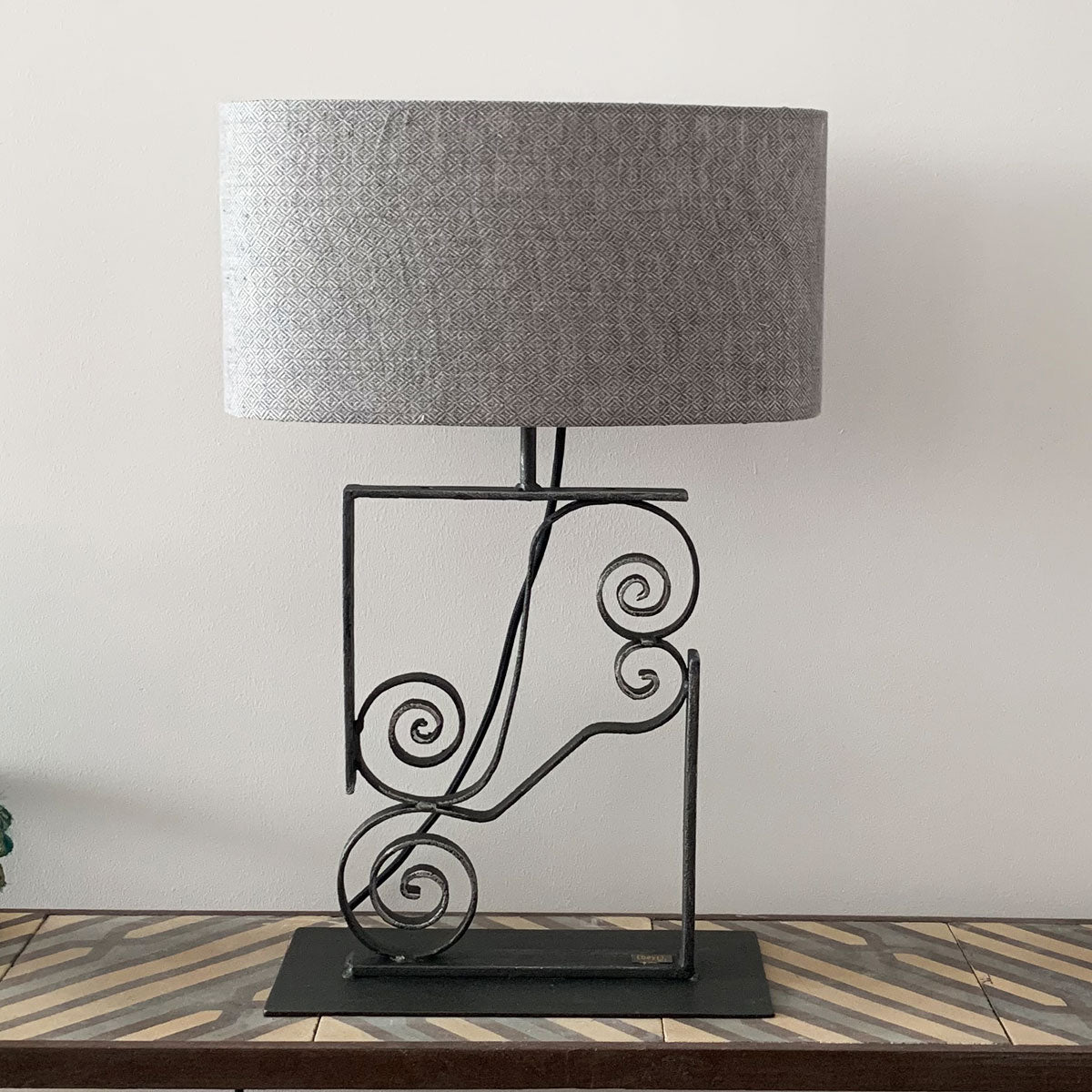 Geometric Black Iron Lamp with Chevron Silk Shade