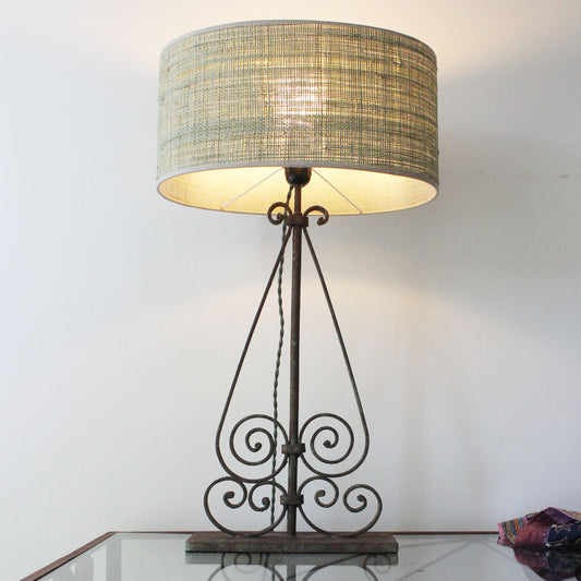 Dancer's Gate Table Lamp: Rustic Green Patina with Raffia Shade