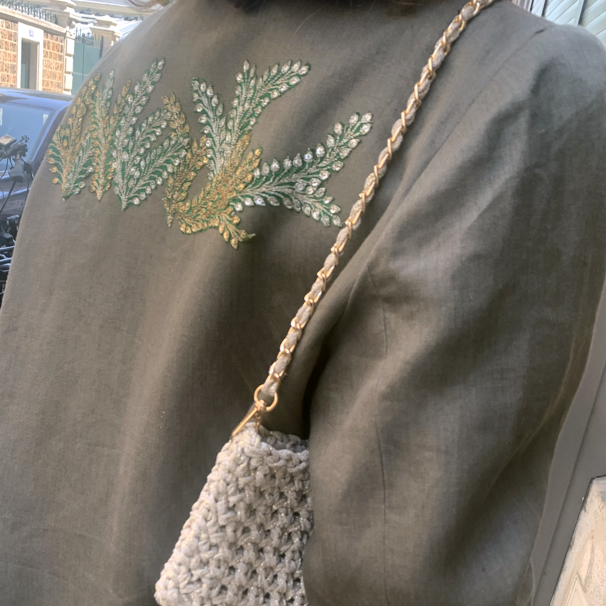 Unique Stylish Kaki Green Linen Coat with Embroidery