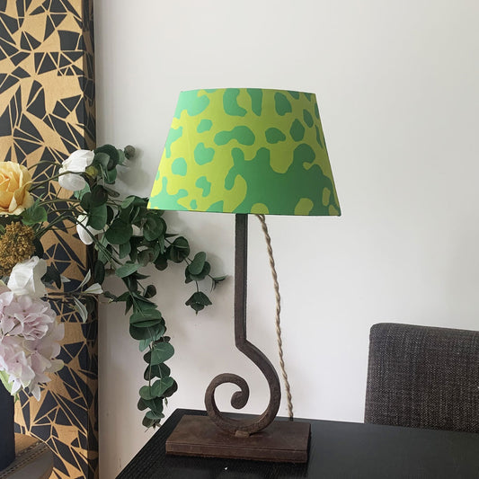 Mini curl iron side lamp with green silk lampshade