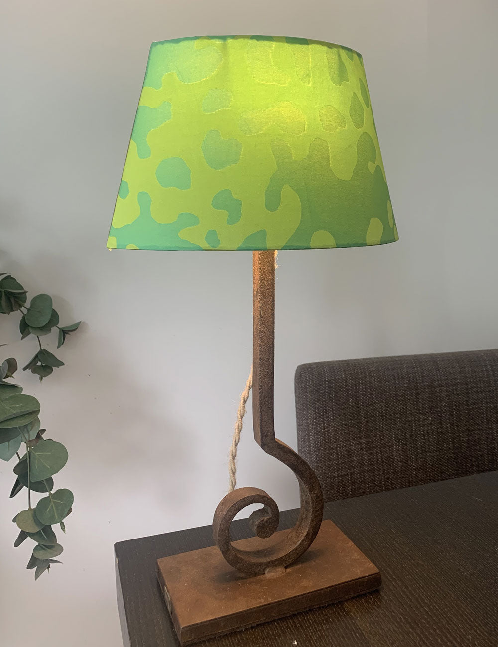 Mini curl iron side lamp with green silk lampshade