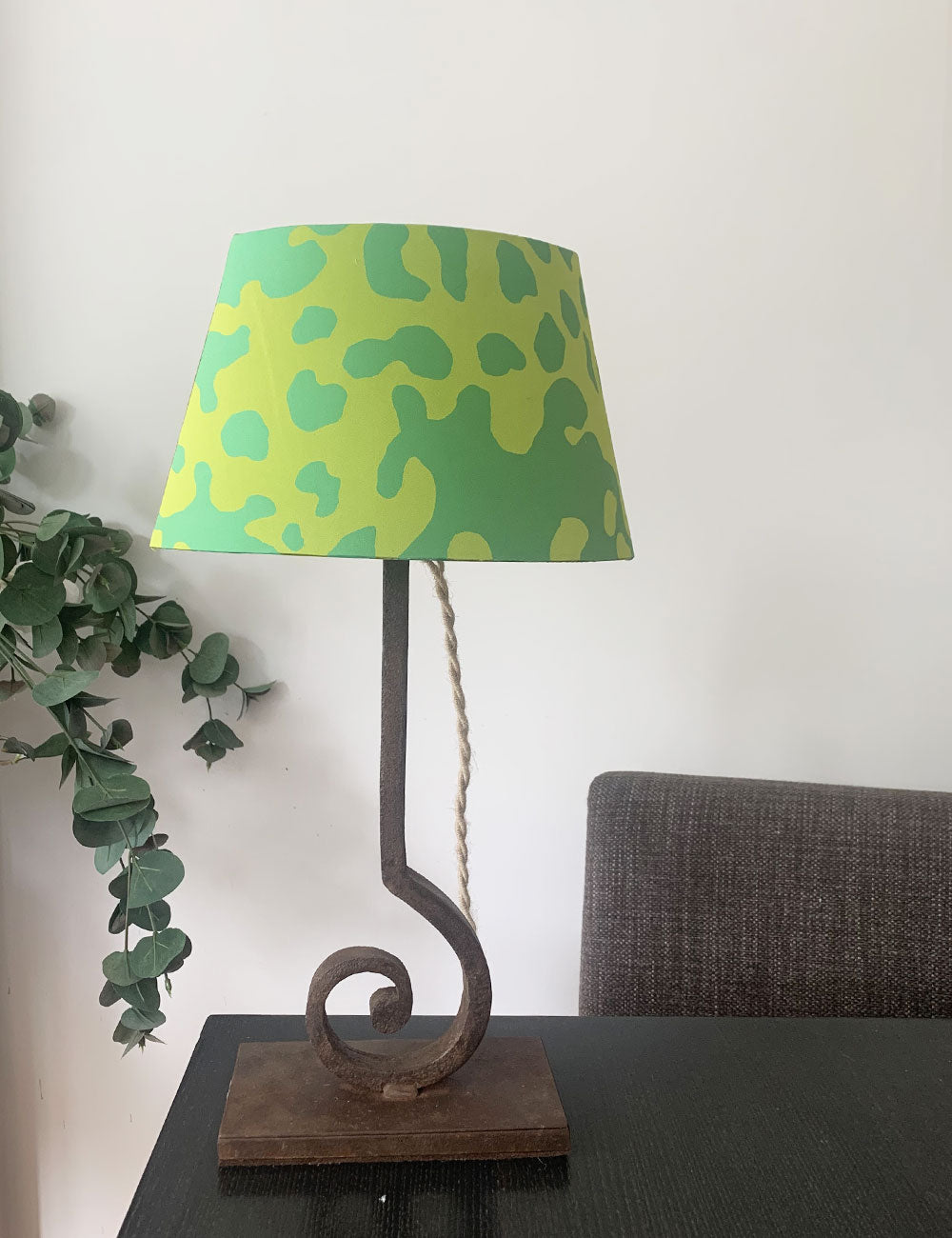 Mini curl iron side lamp with green silk lampshade