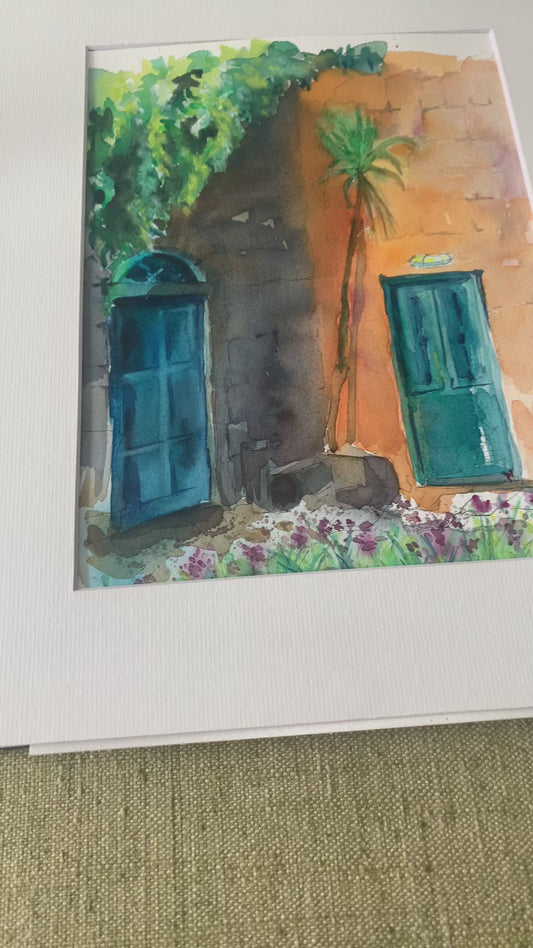 Original watercolor The Blue Doors 22X30