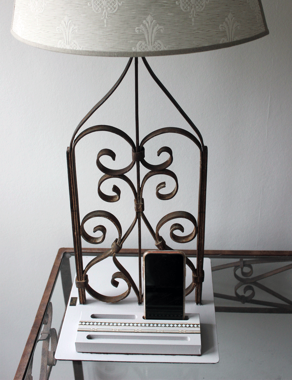 Handmade Iron Balustrade Lamp with Fleur-de-Lys Shade