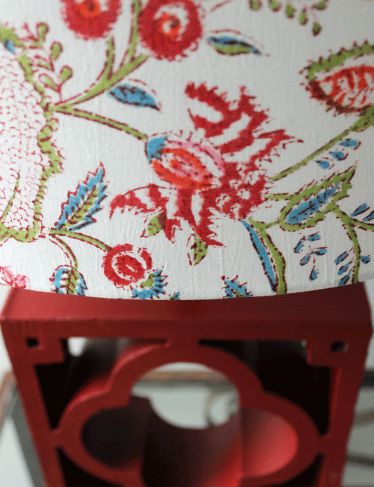 Upcycled claustra table lamp in velvet red