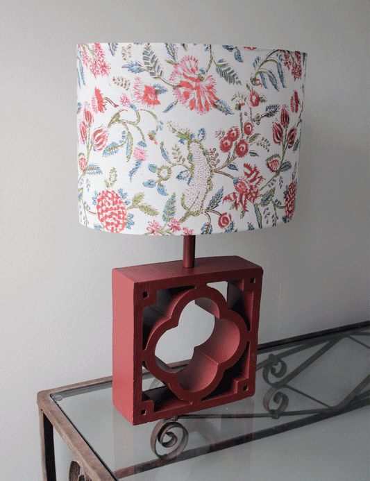 Upcycled claustra table lamp in velvet red