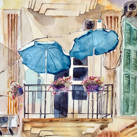 Original Watercolor The Blue Umbrellas 30X30