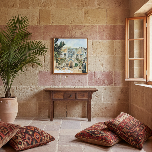 Original Watercolor and Collage The Lady at the Fountain 40X40