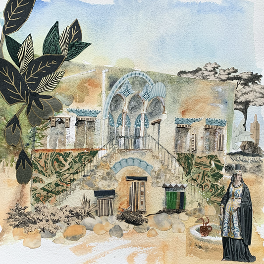 Collage-style artwork of a woman in a garden with architectural elements and nature.