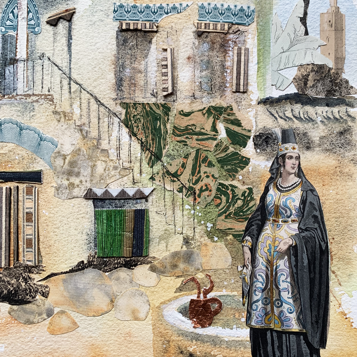 Collage of a woman in historical attire with architectural elements and nature.