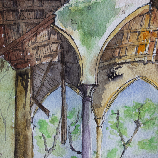 Artistic depiction of a building interior with arches and wooden beams.