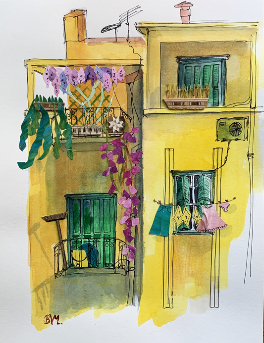 Original Watercolor and Collage 25X31 The Yellow Building with Wisteria