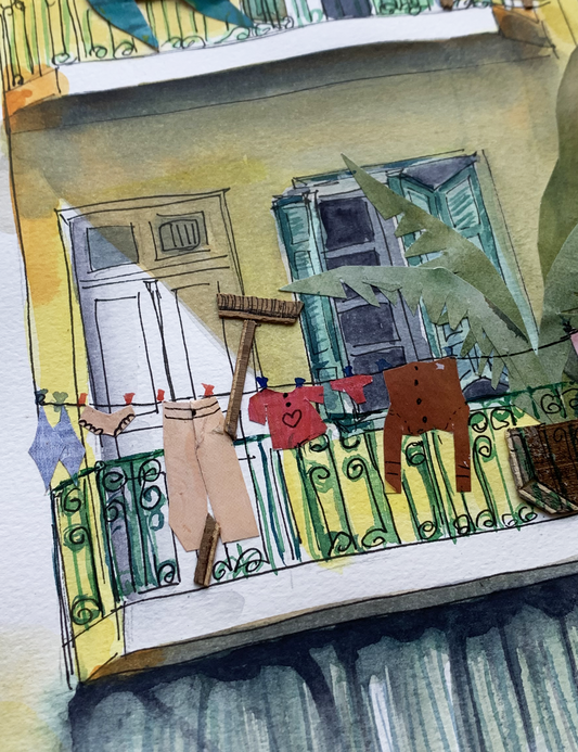 Original Watercolor and Mixed Media 25X31 The Yellow Building with Curtains