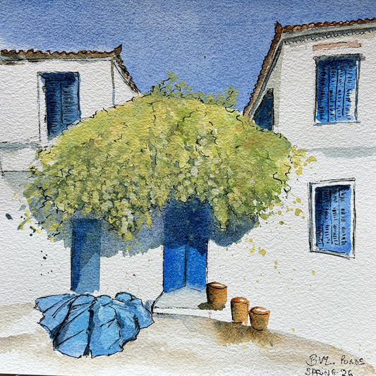 Watercolor reproduction Poros Island, Greece 20X20 cm