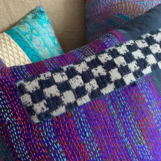 Sustainable throw pillow cover Purple and Damier