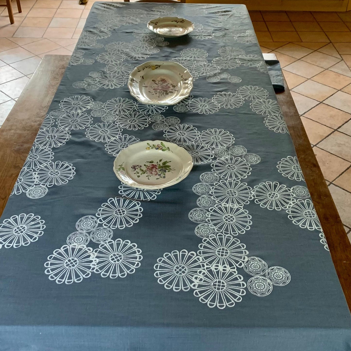 Luxury linen block printed tablecloth Marguerite