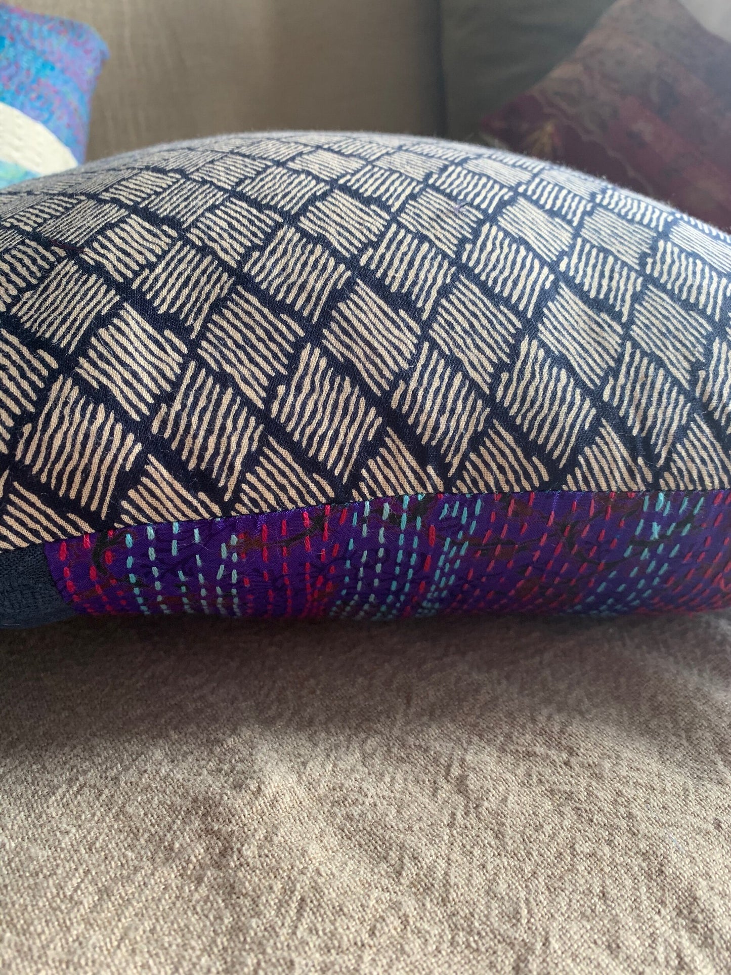 Sustainable throw pillow cover Purple and Damier