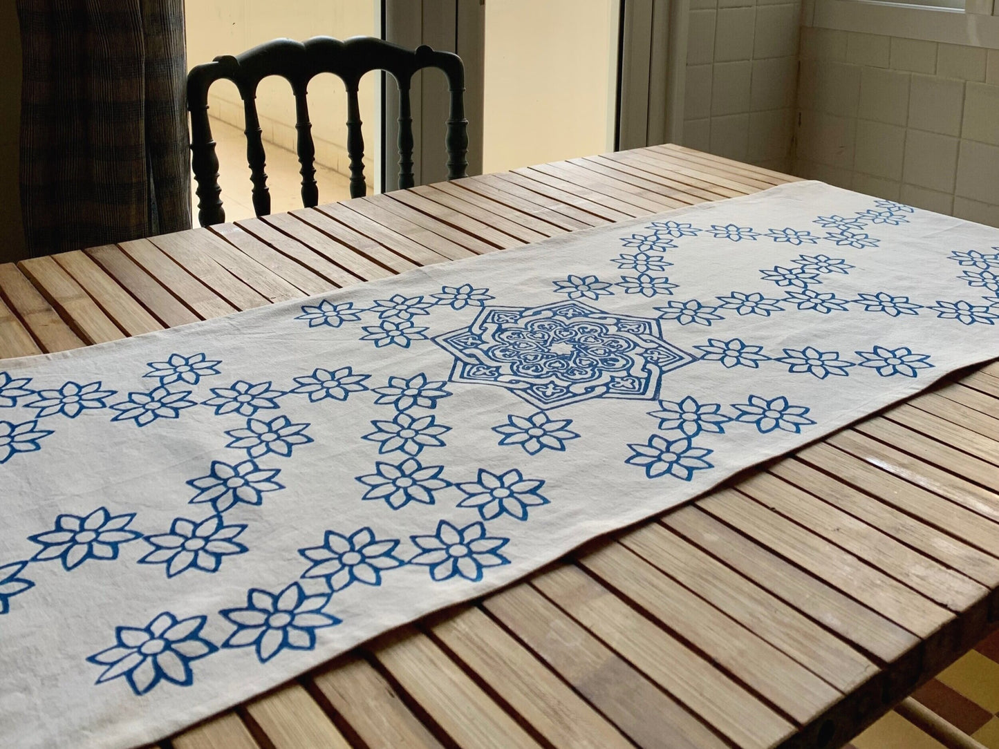 Cotton block print table runner, Connection in Blue