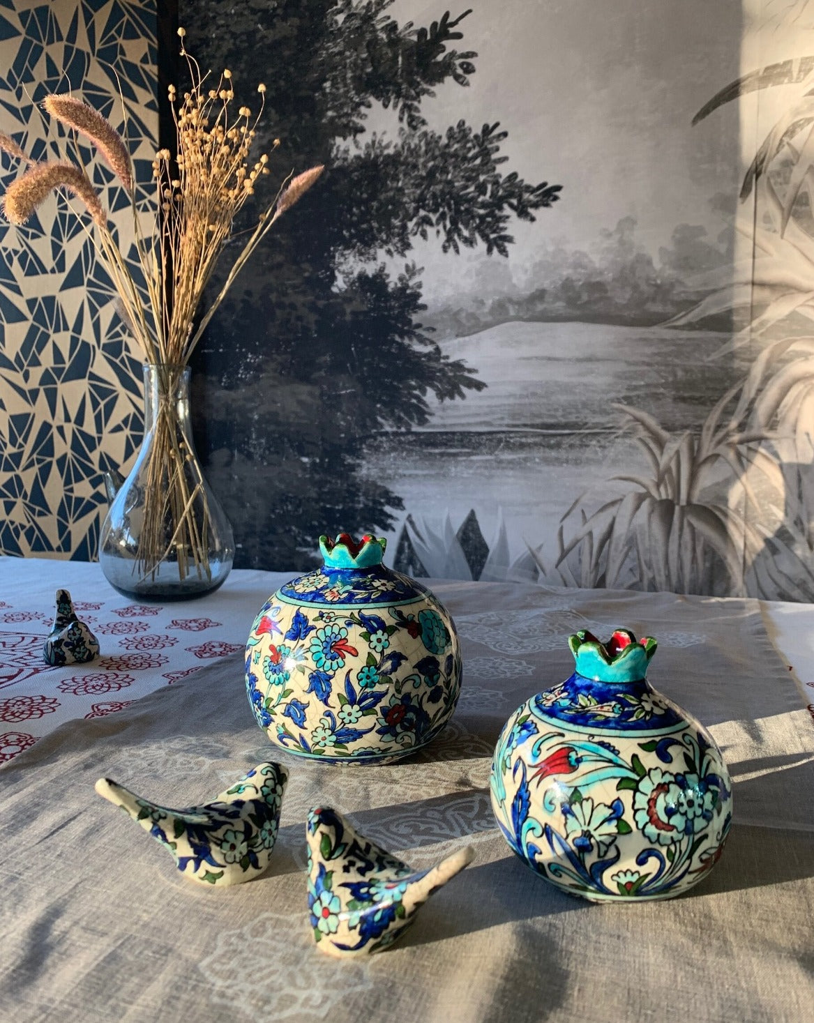 Set of 4 hand painted glazed ceramic mini birds
