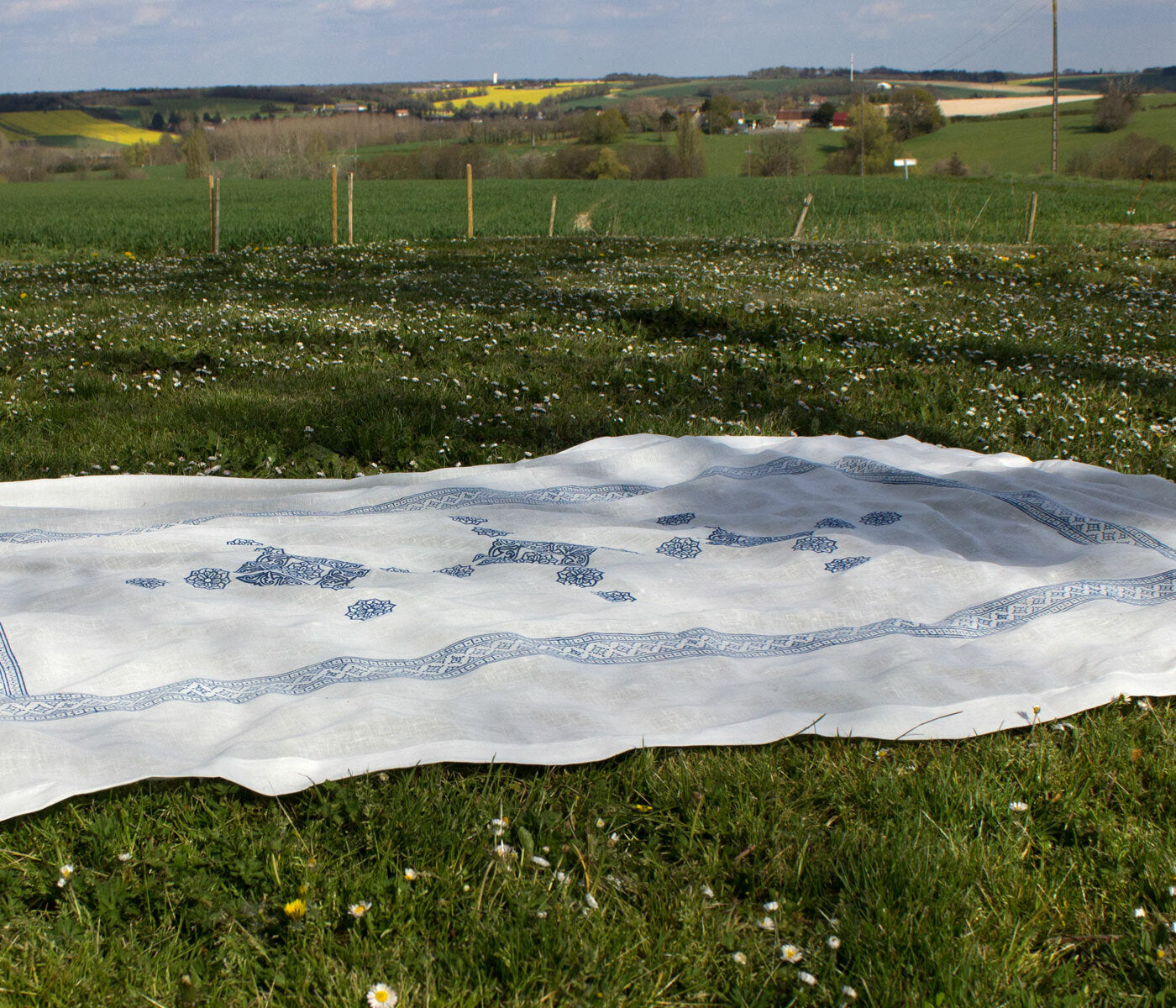 Linen block print tablecloth Cyclades.