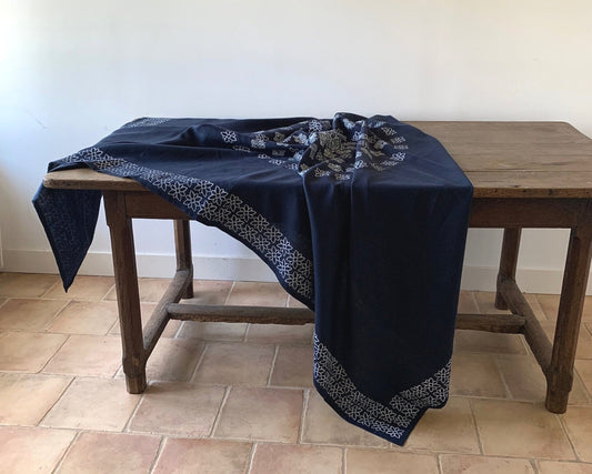 100% linen block print tablecloth, Pomme de Pin in blue
