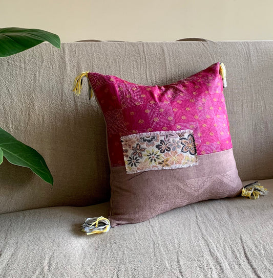 Vintage fabrics square pillow cover Fuchsia