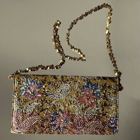 Ochre-Blue Kantha Star Clutch: A Handcrafted Celebration of Traditional Textiles