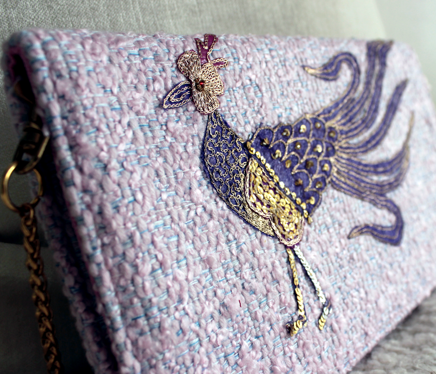 Handcrafted Lavender Wool Clutch with Vintage Embroidery Bird Design