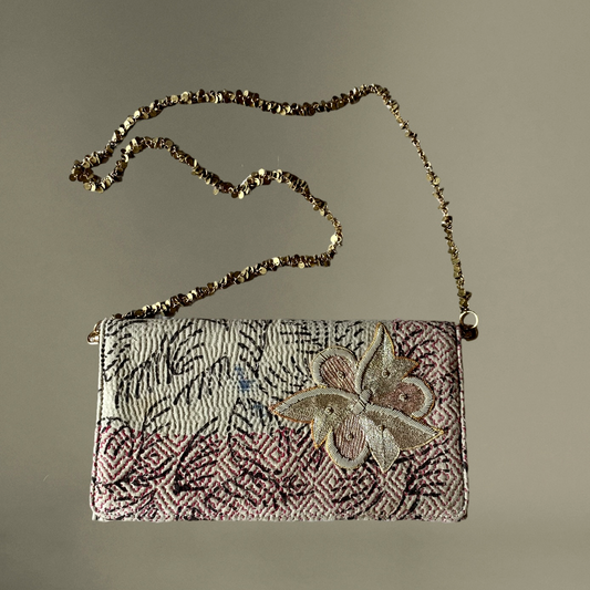 Golden Bloom: Handmade Clutch with Large Embroidered Flower