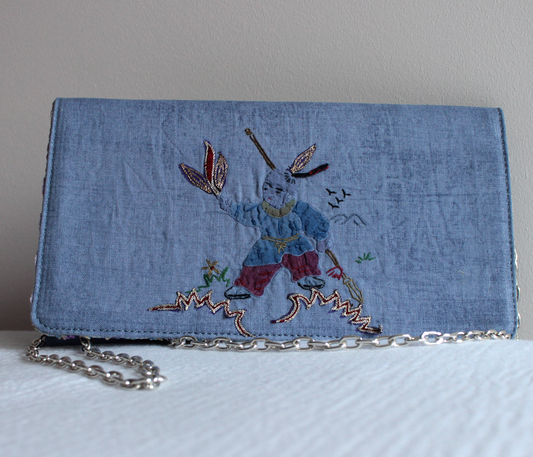 Blue Damask Linen Embroidered Clutch