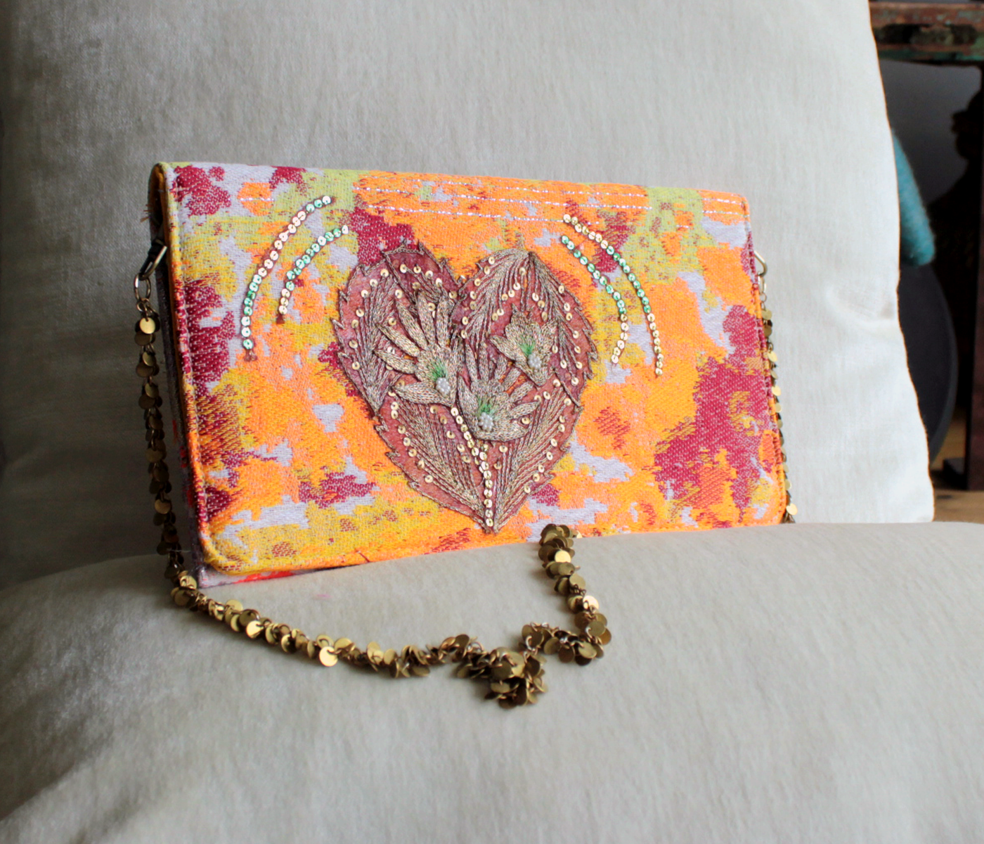 Embroidered Heart Wool Clutch