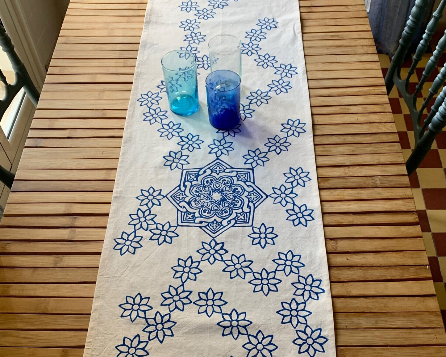 Cotton block print table runner, Connection in Blue