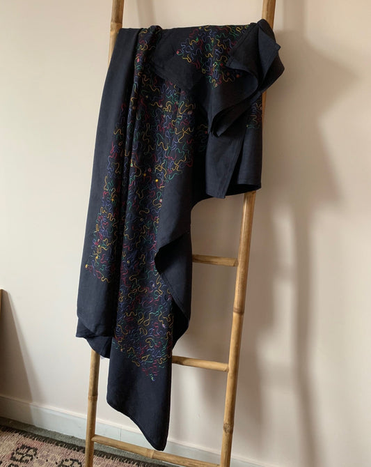 Embroidered 100% linen navy blue tablecloth