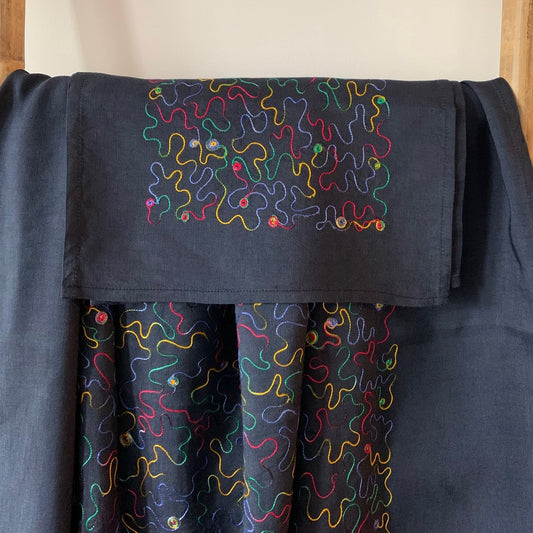 Embroidered 100% linen navy blue tablecloth