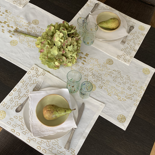 Half Circle Block Printed Linen Runner and Placemats in Ochre