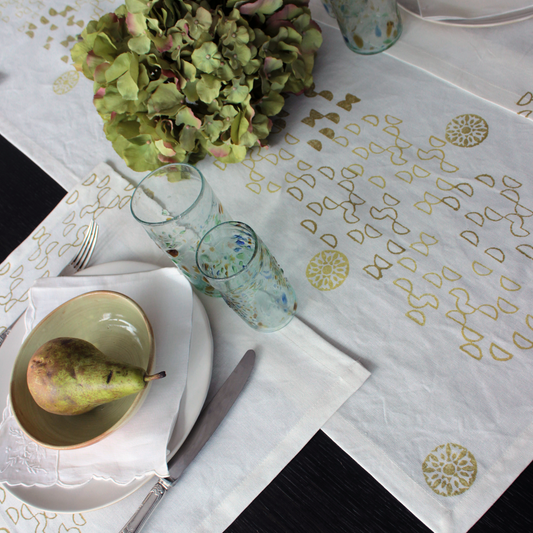 Half Circle Block Printed Linen Runner and Placemats in Ochre