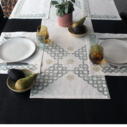 Country Chic: Linen Block Print Placemats and Runner for Table Decor