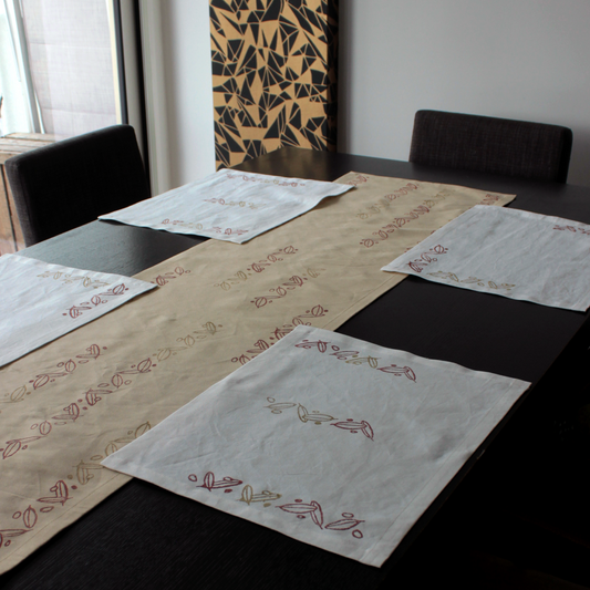 Mediterranean-Inspired Olive Block Print Linen Placemats and Runner