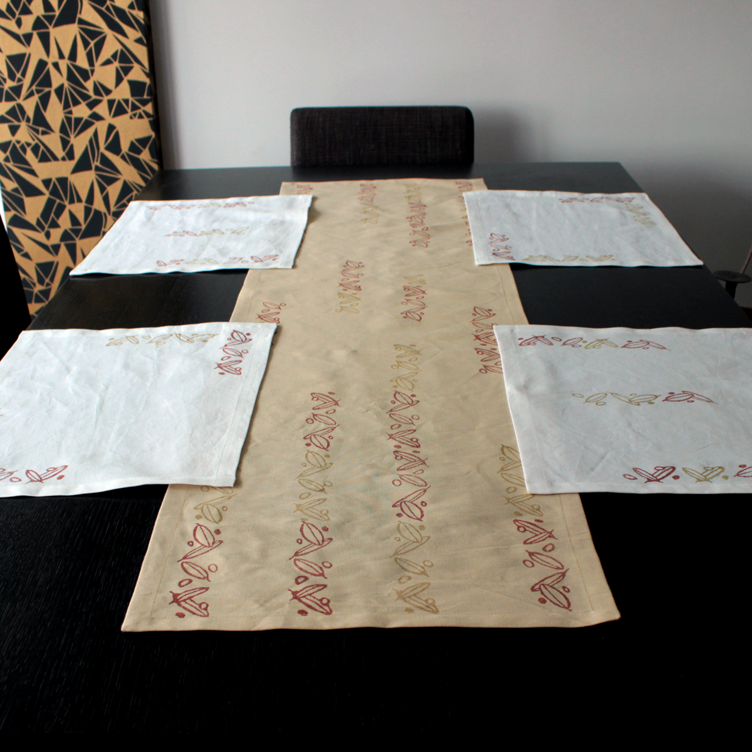 Mediterranean-Inspired Olive Block Print Linen Placemats and Runner Set - Rustic Table Decor in Terracotta and Ochre