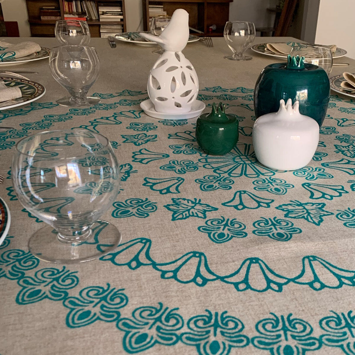 linen block print table cloth emerald green