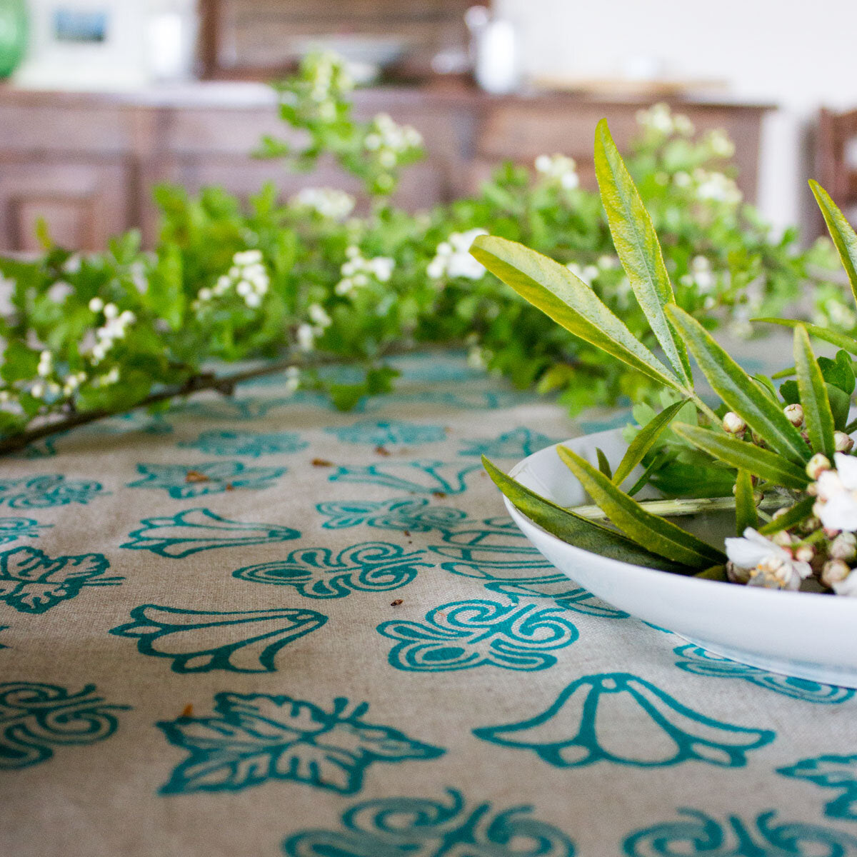 Linen block print tablecloth Beirut in emerald green