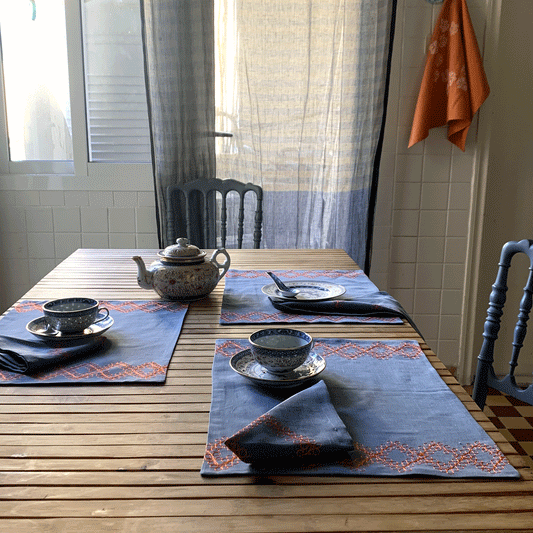 Unique Handmade Grey Blue Linen Placemat with Aghabani Embroidery from Lebanon