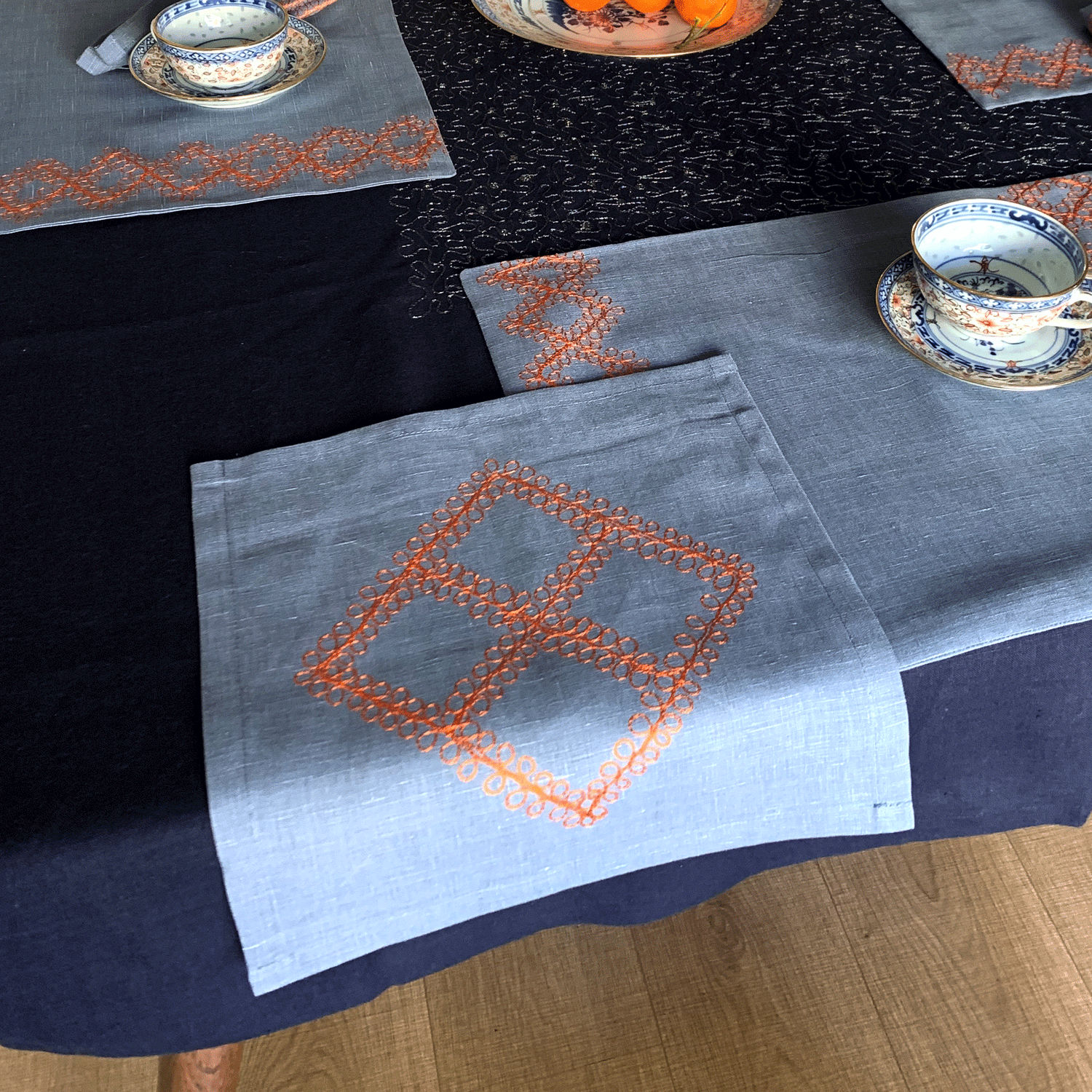 Unique Handmade Grey Blue Linen Napkin with Aghabani Embroidery