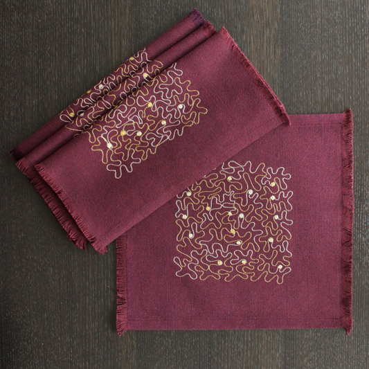 Eggplant Linen Napkin with Aghabani Embroidery Gold and Silver