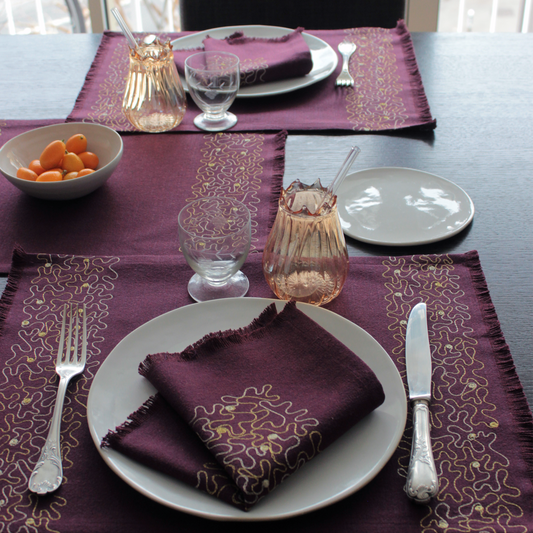 Eggplant Linen Placemat with Aghabani Embroidery Gold and Silver