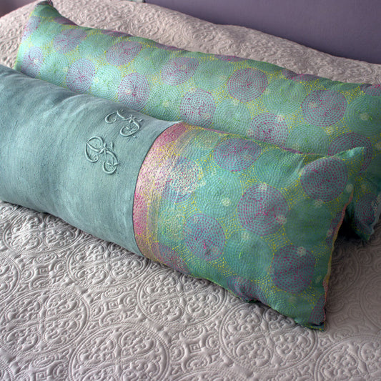 vintage kantha bolster pillow green.