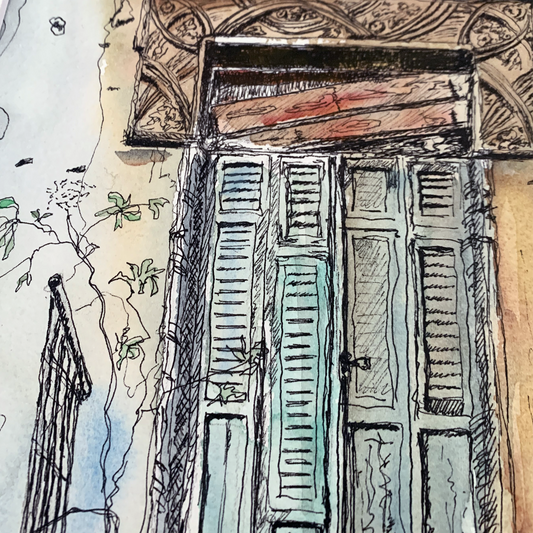 Résilience et beauté dans l'imperfection : aquarelle d'une porte cassée à Beyrouth